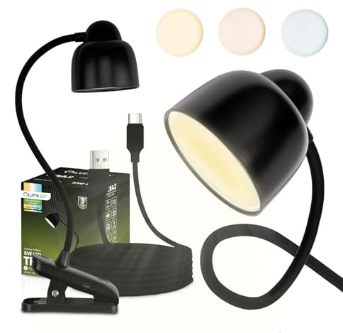 Lumiled LED 5W Schreibtischlampe Schwarz Dimmbar CCT 3000/4500/6000K USB-C Flexibler Schwanenhals Tischklemme Touch Ein/Aus Farbwechsel Einstellbare Leselampe Büro Arbeitszimmer Nachttischlampe