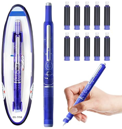 KIKAWORD Retractable Fountain Pen Set | Beginner Fountain Pen for Writing with 0.38mm Nib & 10 Refillable Cartridges,Erasable,Transparent Barrel,Ergonomic Design for Students,Professionals