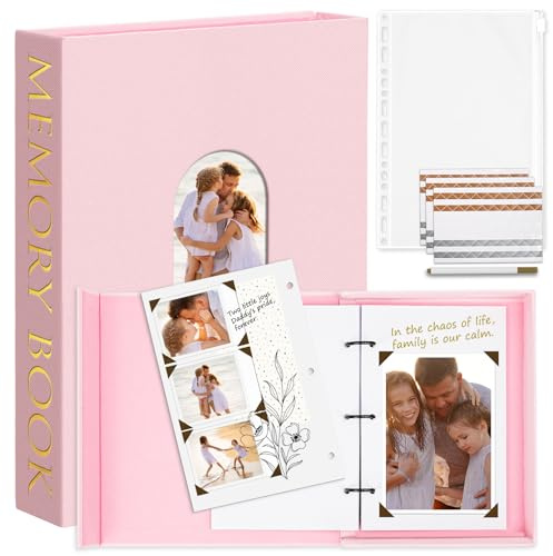 Hiwhy Fotobuch zum Selbstgestalten 14 x 22 cm, Leinen Scrapbook Fotoalbum mit 60 Weißen Seiten, Erinnerungsbuch Gästebuch für Jahrestag Geburtstag Hochzeit, Rosa