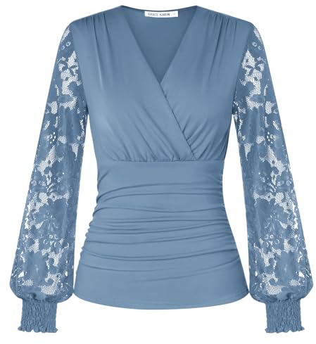 GRACE KARIN Damen Bluse Spitzen Langarm Festliche Oberteile V-Ausschnitt Plissierte Bauchweg Wickelbluse