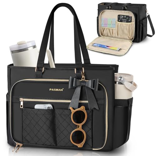 PASMAN Teacher Tote Bag for Women - Structured Laptop Bag, Cup Holder