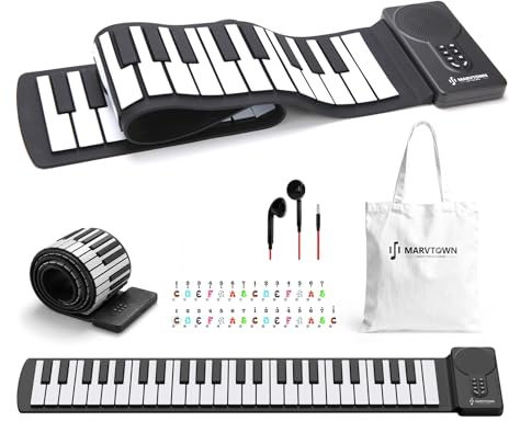 MARVTOWN 49 Tasten Roll Up Digital Piano Keyboard, Tragbares Elektronisches Klavier mit wiederaufladbarem Akku, 8 Tönen, 6 Demo-Songs, Schwarz und Weiß, perfekt für Anfänger und Praxis