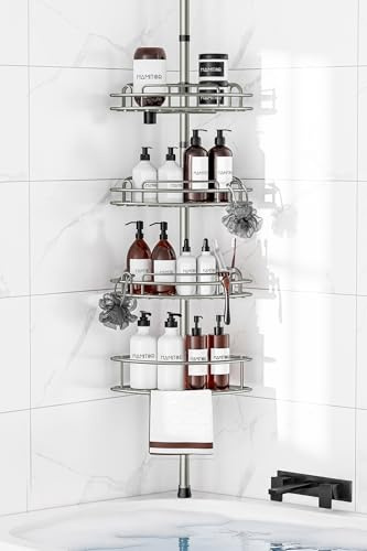 HAMITOR Etagere Douche Telescopique Angle: 4 Etages en Metal Organizer | Salle de Bain sans Percage, Bathroom Rangement pour Shampoings, Savons & Gels de Douche — Reglable 121-314 cm, Argent