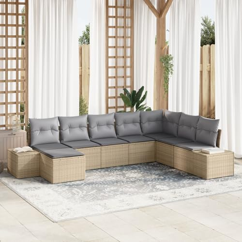 IBUQDDV 8-teiliges Garten-Sofa-Set mit Kissen Beige Poly-Rattan, Eck-Sofa-Set für Terrasse und Außenbereich, Modulares Sektional-Sofa mit weichen abnehmbaren Kissen,