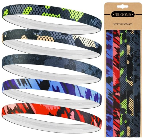 Blooms 5 Stück Sport Haarband Herren & Damen - Elastische Haarbänder Jungs & Mädchen Antirutsch Silikon Stirnband Kinder Unisex Dünn Kopfband Sportband Set für Fußball Yoga Laufen Fitness