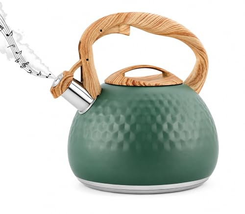Whistling Kettle 3L Stainless Steel Stove Top Kettle with Wood Grain Handle | Loud Whistle, Anti-Hot Handle, Fast Boil for Tea and Coffee, Retro Style Teapot for Kitchen Gas, Induction, Hob (Green)