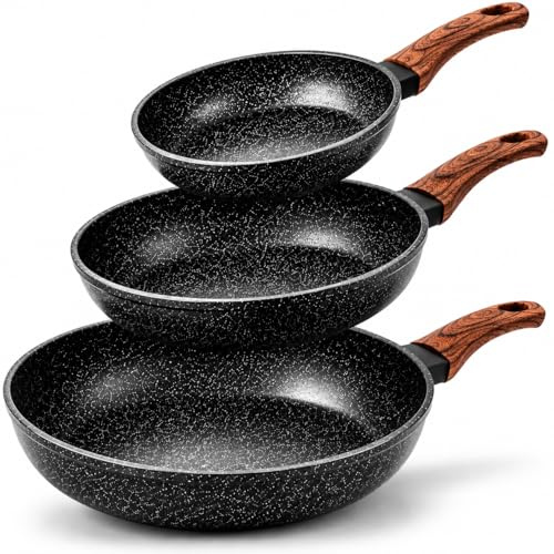 Qivee Pfannenset 3-teilig, Antihaft Granit-Beschichtung, Schwarz, 20/24/28 cm, Induktion, Gas, Ceran & Elektro geeignet