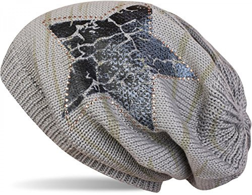 styleBREAKER Strick Beanie Mütze mit Vintage Stern Print und Strass Rand, Strickmütze mit Streifen Muster, Unisex 04024083, Farbe:Hellgrau/Dunkelblau