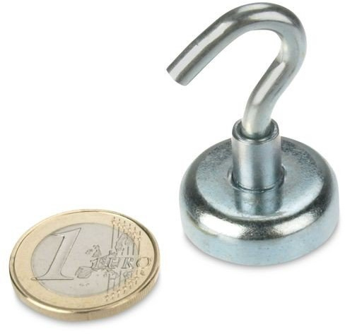 Hakenmagnet Ø 25 mm NEODYM - Zink - hält 22 kg, Magnethaken, Deckenhaken, Wandhaken