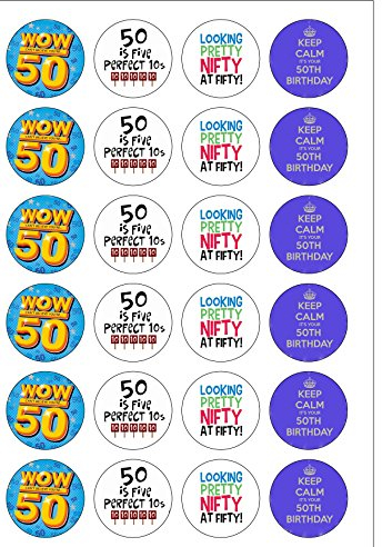 24 Precut Age 50 Fifty Fiftieth 50th Birthday Edible Wafer Paper Cake Toppers Decorations