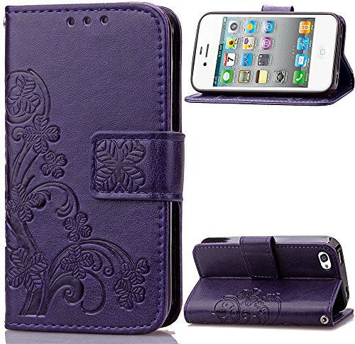 iPhone 4S Case for Girls,EMAXELERS Flip Wallet Card Holder with Magnetic Closure Bookstyle Protective Case Cover for Apple iPhone 4 / iPhone 4S,Purple Clover