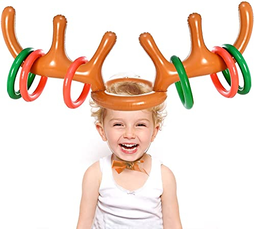 Faburo 7-teiliges Weihnachts-Party-Wurfspiel-Set, aufblasbarer Rentier-Geweih-Hut, Weihnachtsstrumpffüller mit 6 aufblasbaren Ringen, 1 Geweih für Kinder und Erwachsene, Heiligabend, Box-Füller,