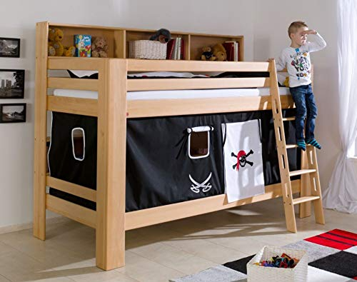 Froschkönig24 Etagenbett JAN Kinderbett Spielbett Bett mit Bücherregal Buche Pirat Schwarz/Weiß, Matratzen Oben/unten:mit 2X Matratze