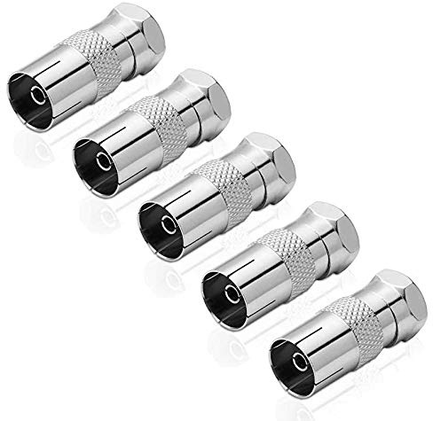 conecto Adapter F-Stecker auf IEC-Koax-Buchse, Antennen-Adapter zwischen F-Stecker für Sat-Kabel und IEC-Stecker für BK und DVB-T (5 Stück)