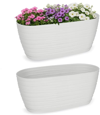 KADAX Blumentopf mit Untersetzer, Blumenkübel, Pflanzkübel für Innen, Leichter Pflanztopf aus Kunststoff, Übertopf für Blumen, Pflanzen, Haus, Zimmer, Pflanzgefäß (27cm, weiß)