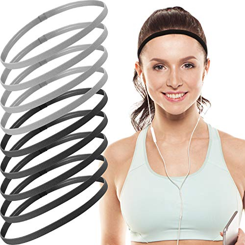 9 Stück Dicke rutschfeste Elastische Sportstirnbänder, Elastische Silikon Griff-Übungshaare und Schweißbänder für Fußball, Basketball, Fußball, Tennis, Yoga und Golf (Schwarz, Grau)