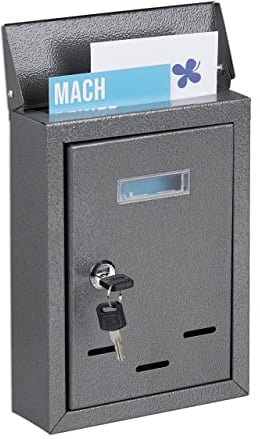 Relaxdays Briefkasten mit Namensschild, aus Metall, mit 2 Schlüsseln, Postkasten schmal, HxBxT: 26,5 x 19 x 6,5 cm, grau