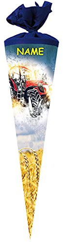 Schultüte Größe + Motiv wählbar inkl. Name - rund - Zuckertüte - Filzabschluß - Nestler - Junge Traktor Landmaschine - Bauernhof - roter Trekker Auto Trak..