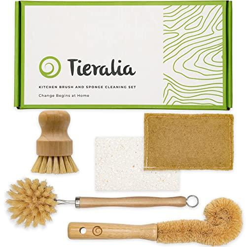 Tieralia Lot de 5 brosses à Vaisselle en Bambou respectueux de l'environnement avec éponges compostables en pâte de Bois | Brosses à Vaisselle en Bambou | Ensemble de brosses à Vaisselle | Brosse à
