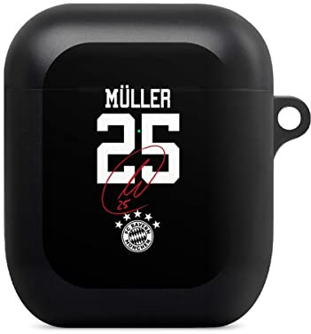 Hülle mit Karabiner kompatibel mit Apple AirPods (1. Generation) Case schwarz Schutzhülle mit Schlüsselanhänger FC Bayern München FCB Thomas Müller
