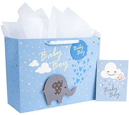 MAYPLUSS Extra große Geschenktüte mit Grußkarte und weißem Seidenpapier, 40,6 cm, niedlicher Baby-Junge, 3D-Geschenktüten für Babyparty, Geburtstag, Feier, Neugeborene