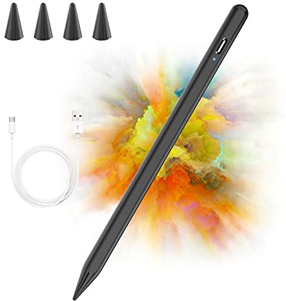 AMZCaSE Stylus Stift für iPad 2018-2023,kompatibel mit iPad 10/9/8/7/6th,Mini 6/5th,Air 4/3th,Pro 11'/12,9',11-inch A16/Air 11 M3/Air 13 M3,kapazitiver Stift mit 4 Ersatzspitzen(schwarz Schnellladung)