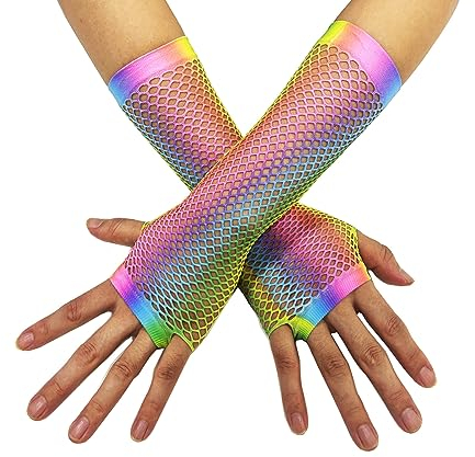 TACKTIMES Damen Fingerlose Handschuhe Armstulpen Regenbogen Bunt Farbe Netzhandschuhe Party Fasching Karneval 80er Jahre Zubehör Kostüme (Einheitsgröße, Bunt lang)