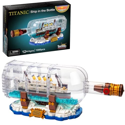 VEPOWER Ideas Titanic Schiff in einer Flasche, Bauset, Titanic-Modellschiff mit Display-Ständer, kreatives Geschenk für Erwachsene und Kinder ab 12 Jahren, neu 2022 (1000 Teile)