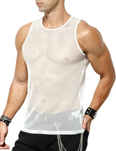 Casey Kevin Transparente Camiseta de Tirantes Malla para Hombre Camiseta de Rejilla, Hombres Fishnet Camiseta de Mangas para Clubwear Club