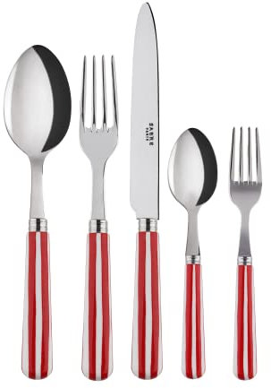 SABRE PARIS - Tafelbesteck, 5-teilig - Liegestuhl - Messer, Gabel, Esslöffel, Teelöffel & kleine Gabel - Edelstahl & Nylon - Spülmaschinenfest - Rot