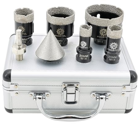 FOCSTOL Juego de Brocas Diamante - 7 piezas (20/25/35/50/68mm+50mm Brocas Chaflán Biselado+Hexagonal Adaptador) para Porcelanico Baldosa Cerámica Mármol Granito