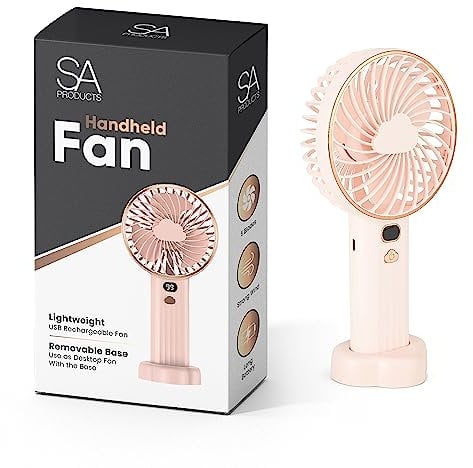 SA Products Mini Handheld Fan - Light, Compact, Portable - USB Rechargeable Fan With Detachable Base & Silicone Lanyard - Long Battery Life, Strong Airflow, 3 Speed Settings - 20.5x10.5x5cm (Pink)