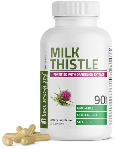 Bronson Milk Thistle Silymarin Marianum & Dandelion Extract Liver Health Support, Antioxidant Support, Detox, 90 Capsules