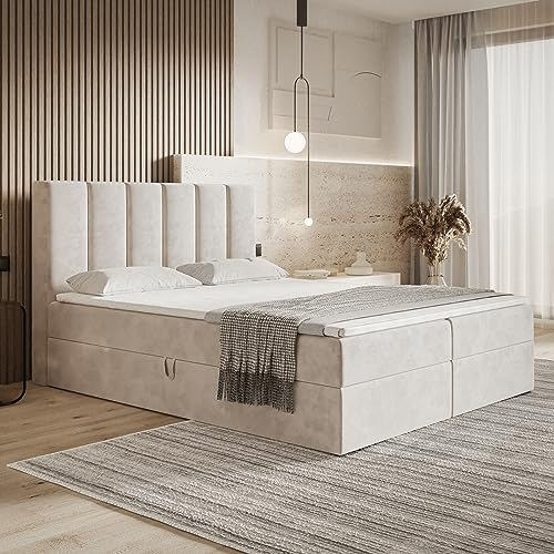 MOTIVENA Santiago Boxspringbett 140x200 mit Bettkasten und Topper, Polsterbett 140x200 mit Bettkasten, Bonellfederkern-Matratze (H4), T28 Komfortschaumstoff Topper (H3), Samt, Beige (Creme)