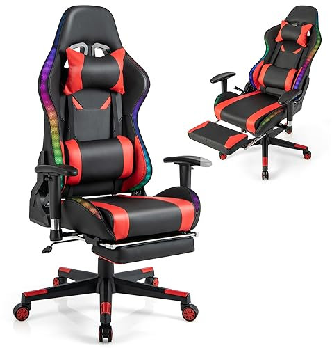 COSTWAY Chaise Gaming RGB/LED, Chaise Gamer Ergonomique avec Soutien Lombaire, Fauteuil Gamer avec Accoudoir Réglable, Appui-tête (Rouge)
