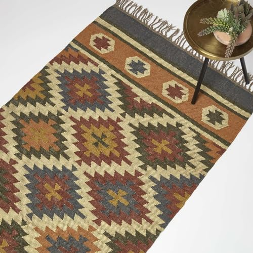 Homescapes Kelim Teppich Lucea geometrisch blau-orange 120x170 cm, Jute-Teppich handgewebt, Rautenmuster