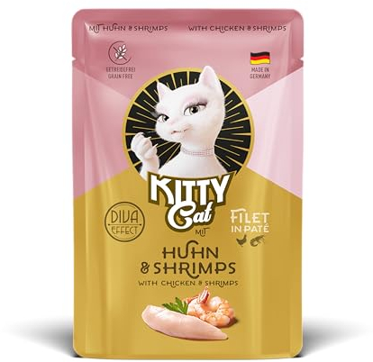 KITTY Cat Filet in Paté Huhn & Shrimps, 6 x 85 g, Gourmet Nassfutter für Katzen, feinstes Katzenfutter mit Taurin, Lachsöl und Grünlippmuschel, getreidefrei mit extra viel Fleisch, Made in Germany