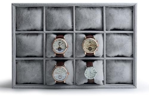 Papten Velvet Watch Tray With 12 Slots Watch Storage Organizer Display Tray With Removable Pillows(Gery)
