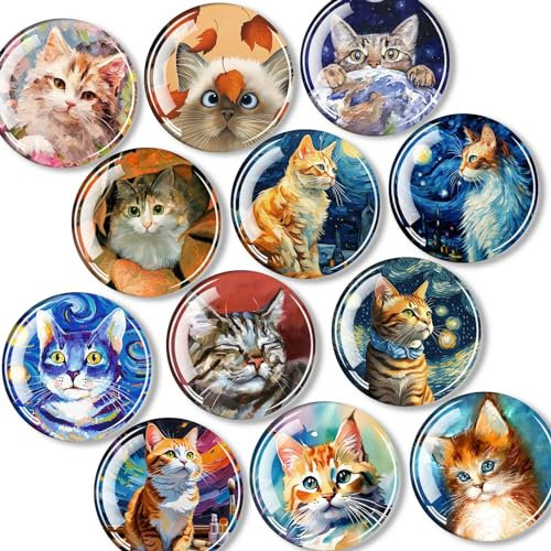 DARUITE 12 Pcs Fridge Magnets, Cat Pattern Glass Magnet, Decorative Round Whiteboard Magnets for Cabinets, Refrigerators, Homes, Office