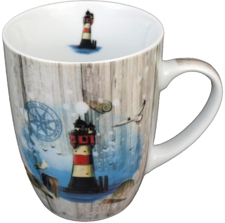 Porzellan Becher Leuchtturm Roter Sand 350ml Kaffeebecher maritime Tasse Nordsee Möwe (1328)