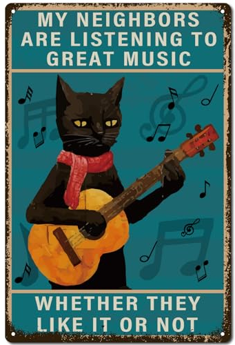 CREATCABIN Schwarze Katze Musik Retro Metallschild Vintage Blechschild Lustige Katze Gitarre Poster Retro Malerei Plakette Eisenschild Wanddekoration Kunstwand Hängeschild Für Zuhause Garage 30x20cm