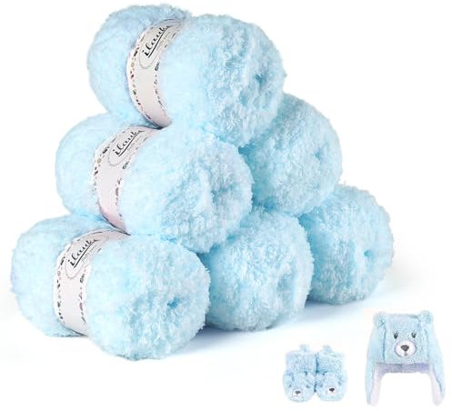 ilauke 300g(6×50g) Baby Häkelgarn, Flauschige 100% Acryl Garn Dicke Wolle zum Häkeln für Anfänger und Kinder, Häkelwolle Milch-Baumwolle zum Stricken für Decken, Schals, Taschen, Puppen(Himmelblau)