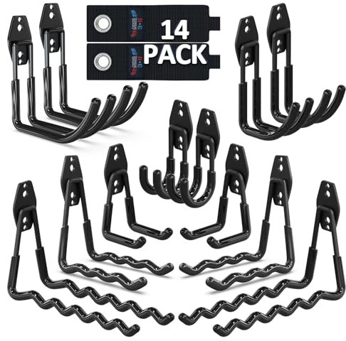 3-H 14 Stück Doppelhaken,Wandhaken Schwerlast mit extra Schweißpunkten,Garagenhaken,Wandhaken Garage für Leitern Stühle Schläuche Schaufel Garagen- und Gartengeräte,Schwarz