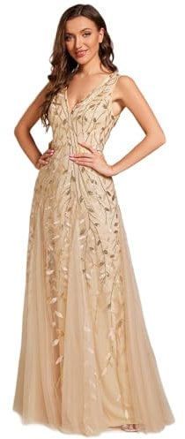 Ever-Pretty Abendkleider Langes Netz Pailletten V-Ausschnitt Hochzeitskleider Brautjungfernkleider Gästekleider Gold 52