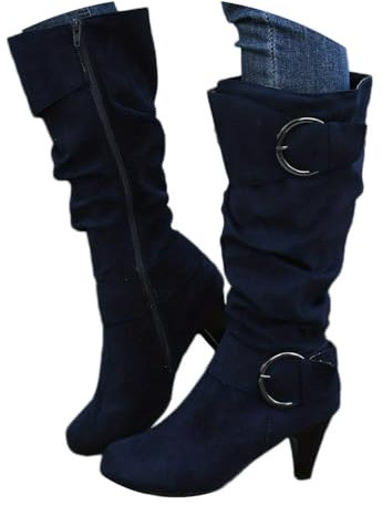 Onsoyours Stivali Alti Donna Stivaletti in Pelle Scamosciata Boots con Zip Stivali Lungo Stivaletti Eleganti Autunnali Invernali Tinta Unita con Tacco a Blocco A Blu Navy 38 EU