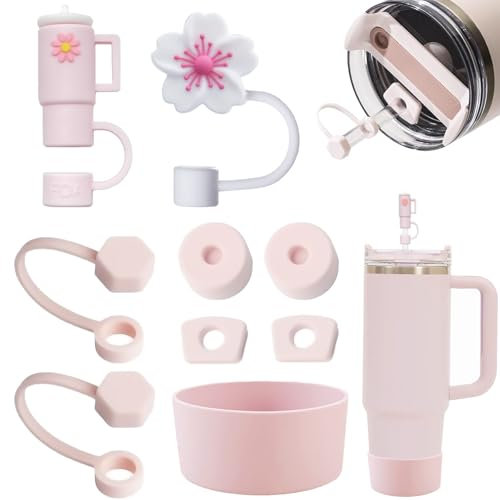ROMANVIC Stanley Cup Zubehör,Stanley Cup Accessories,enthält 6 auslaufsichere Silikonstopfen,2 Strohdeckel, 1 Bottom Protector Silicone Boot für Stanley Cup 1,2 l- und 850 ml-Becher (Rose Quartz)