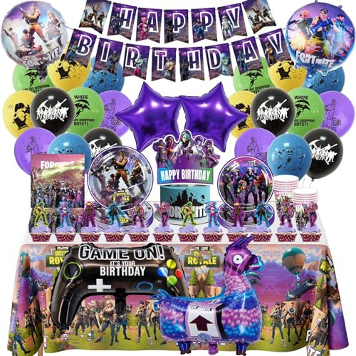 91PCS Party Birthday Decorations Boys-Game Tableware Set Foil Balloons Video Game Party Supplies Happy Birthday Banner Plates Napkins Cake Toppers Latex Balloons for Kids Gamers Lovers