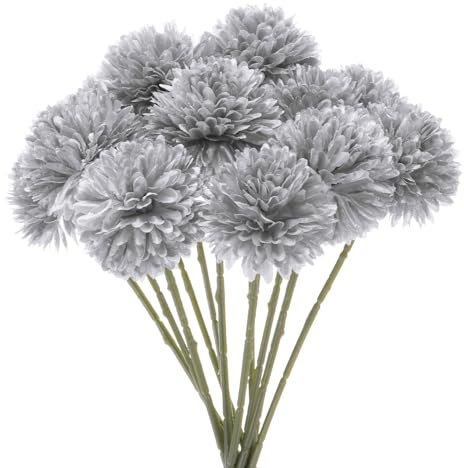 M METERXITY 12er-Pack künstliche Chrysanthemenball-Blumen, 11 Zoll Faux-Hortensien-Seidensträuße Real Touch Faux-Blumen für Zuhause/Hochzeit/Weihnachten [Silber]
