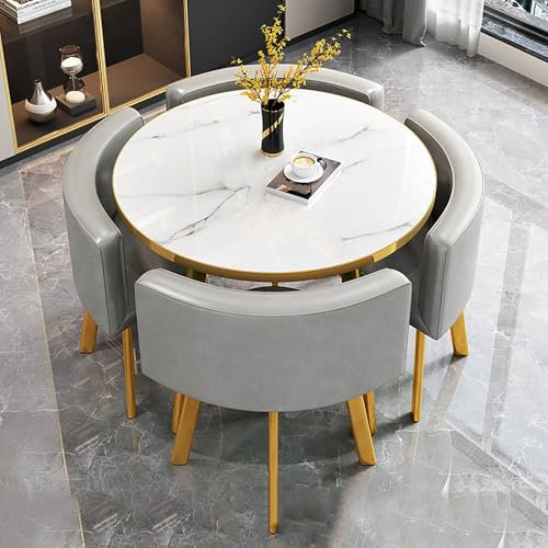 Rundes Esstisch-Set für 4 Personen, Clubtisch und Stuhlset für Büro-Empfangsräume, Verhandlungstisch, Konferenztisch, Platzsparender Kleiner Besprechungstisch, für Küche, Wohnzimmer, Wohnung(Grau,80x8