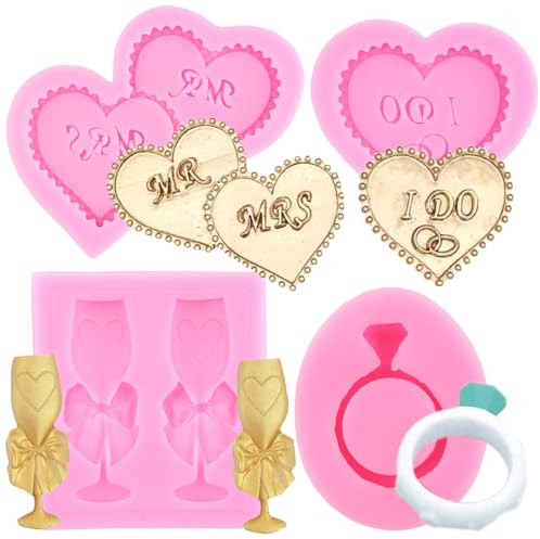 RFGHAC Heart MR MRS I DO Silicone Fondant Moulds Champagne Wine Glass Ring Mould for Wedding for Cake Decorating Cupcake Topper Candy Polymer Clay Chocolate Gum Paste Set of 4